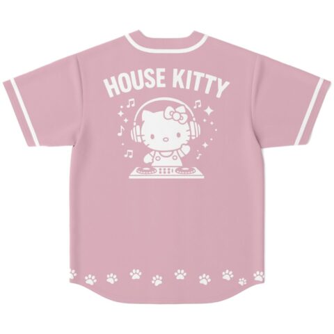 Soft pink DJ cat back design: HOUSE KITTY text, music notes, white paw-print hem