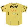 Crude hand-drawn smiley pattern with “DAVID” text, back flat-lay view
