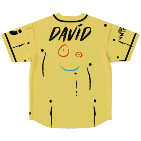 Crude hand-drawn smiley pattern with “DAVID” text, back flat-lay view