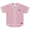 Soft pink cartoon-style cat rave jersey with bow, PLUR text, and white paw-print hem