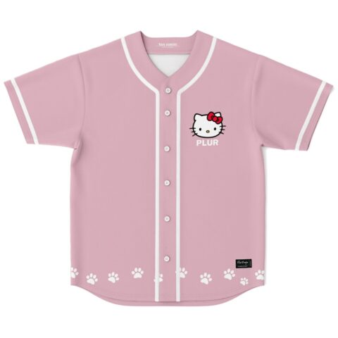 Soft pink cartoon-style cat rave jersey with bow, PLUR text, and white paw-print hem