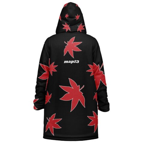 Black cloak featuring scattered red maple leaves and readable “map13” text, back view
