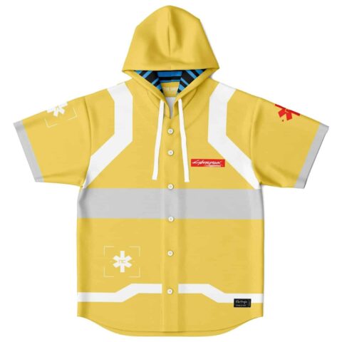Yellow hooded baseball jersey with white stripes and logo detail
