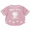 Back view of the pink cat rave cropped baseball jersey with a cat graphic and text