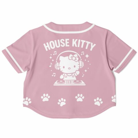 Back view of pink cropped jersey featuring cat graphic and text