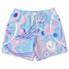 Baby blue abstract Memphis pattern swim trunks with white drawstring, front view on white background