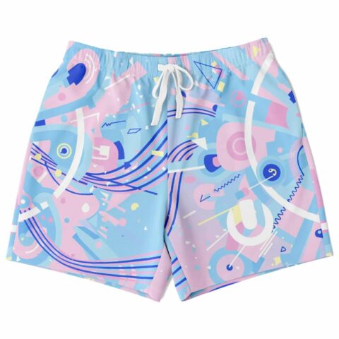 Baby blue abstract Memphis pattern swim trunks with white drawstring, front view on white background