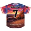 Fiery sunset landscape back design with oversized number 7 and geometric symbols, flat lay view