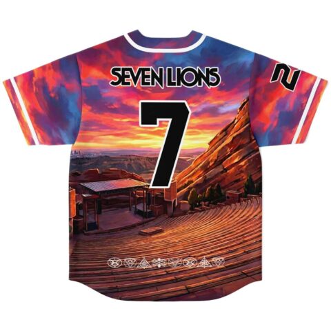 Fiery sunset landscape back design with oversized number 7 and geometric symbols, flat lay view