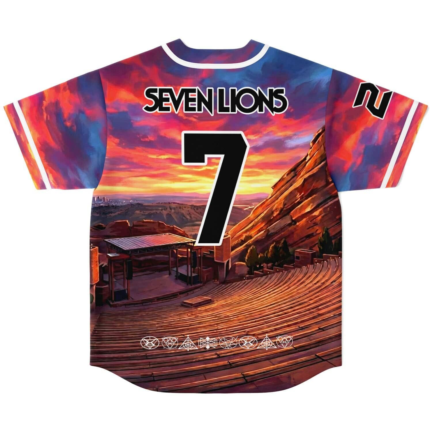 Fiery sunset landscape back design with oversized number 7 and geometric symbols, flat lay view