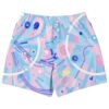 Baby blue abstract Memphis pattern swim trunks showing geometric back design on white background