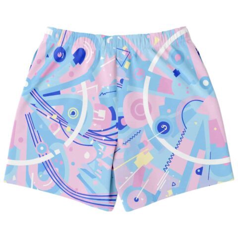 Baby blue abstract Memphis pattern swim trunks showing geometric back design on white background