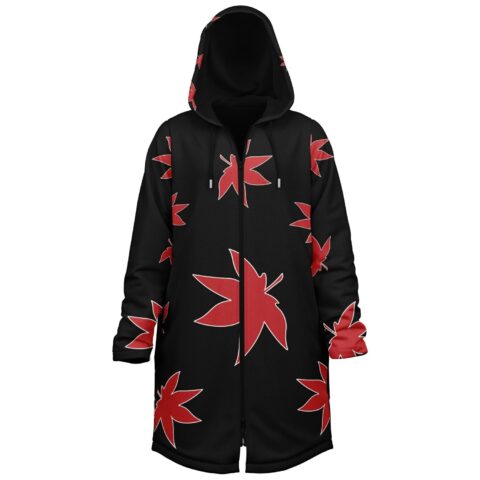 Black hooded cloak with scattered red maple leaf pattern, front view on white background