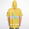 Rear view of a model in the yellow rave hooded baseball jersey showing the back design details