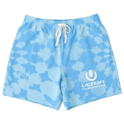 Sky blue cloud-like tie-dye swim trunks with white drawstring and festival emblem, front product view