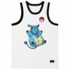 Cartoon-style blue creature graphic on a white jersey with black trim, front view