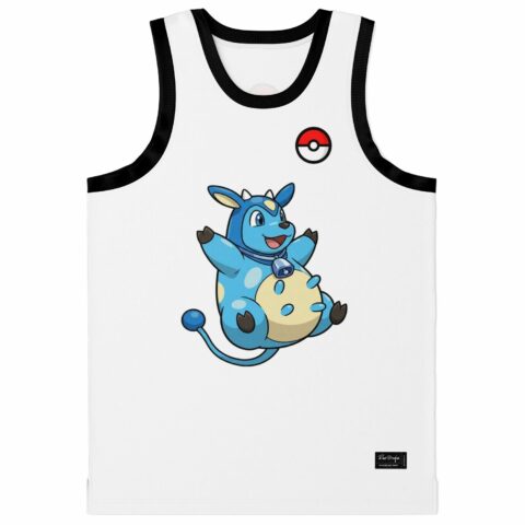 Cartoon-style blue creature graphic on a white jersey with black trim, front view