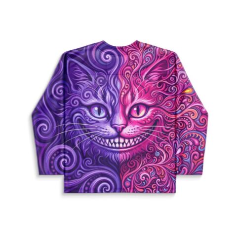 Split-face grinning cat jersey featuring purple-pink psychedelic swirls in a clean front view
