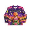 Neon alien cityscape pattern with flying saucers, crescent moons, and grinning orange creature, front view