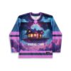 Surreal purple night jersey front view featuring a glowing floating house among pink clouds