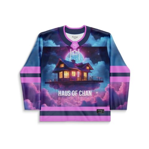 Surreal purple night jersey front view featuring a glowing floating house among pink clouds