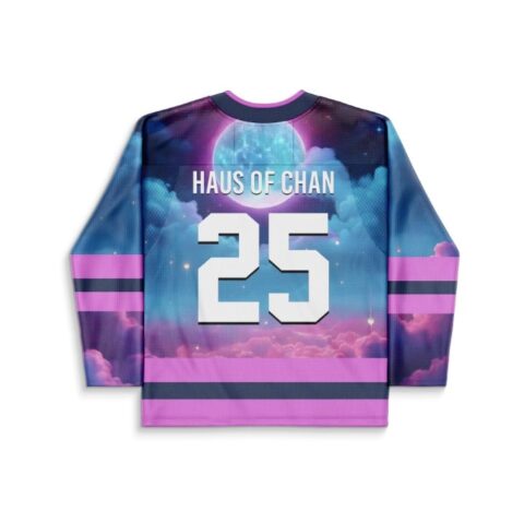 Surreal purple night jersey back view, “HAUS OF CHAN” and 25 above glowing cosmic clouds