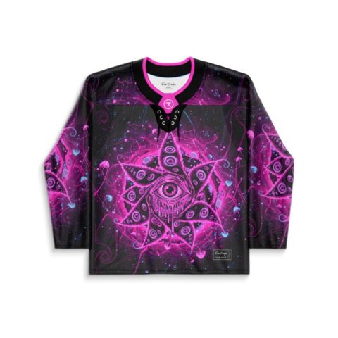 Front view of black psychedelic eye creature design with magenta swirls and pink laced collar