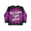 Neon eye-pattern jersey back with readable text “You know I got weed,” festival apparel view