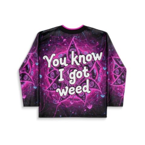 Neon eye-pattern jersey back with readable text “You know I got weed,” festival apparel view