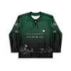 Forest green lace-up jersey front with delicate white flowers and abstract signatures, shown against white