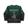 Forest green floral line-art jersey back with “nurture” lettering and handwritten-style flowers, centered on white