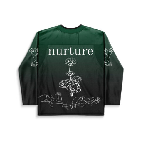 Forest green floral line-art jersey back with “nurture” lettering and handwritten-style flowers, centered on white