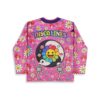 Pink psychedelic flower and mushroom pattern with dancing skeletons and smiling rainbow flower, back view