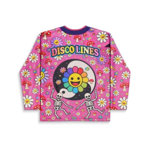 Pink psychedelic flower and mushroom pattern with dancing skeletons and smiling rainbow flower, back view