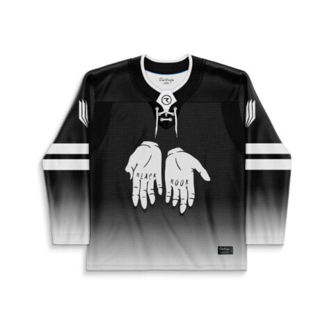 Black-to-white gradient rave jersey featuring illustrated hands labeled “BLACK” and “BOOK,” shown in front view