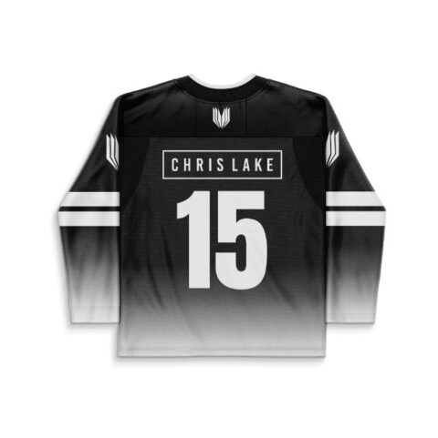 Black-to-white gradient jersey with bold number 15 and outlined name panel, shown in back view