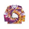 Purple spiral tie-dye jersey front featuring a cartoon-style white mammoth and lace-up collar