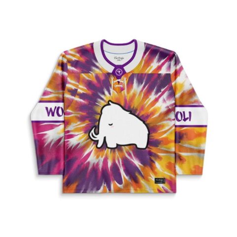 Purple spiral tie-dye jersey front featuring a cartoon-style white mammoth and lace-up collar