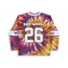 Tie-dye burst jersey back featuring a bold white 36 and purple-striped sleeves