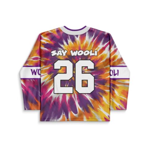 Tie-dye burst jersey back featuring a bold white 36 and purple-striped sleeves