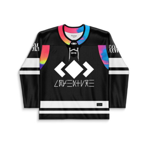 Geometric diamond rave jersey with neon gradient panels, white stripes, and stylized chest lettering