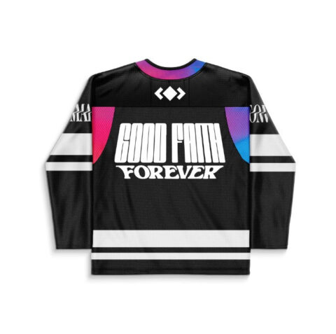 Geometric diamond rave jersey back view displaying GOOD VIBES FOREVER lettering and bold white stripes