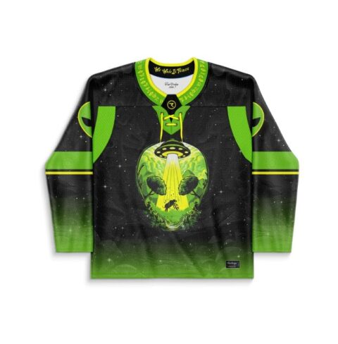 Neon alien UFO forest scene with glowing beam on a starry black front view