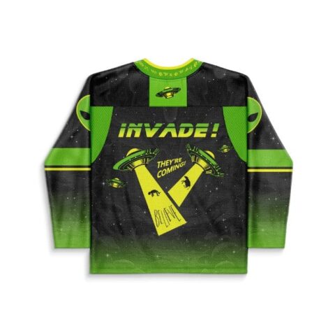 Alien invasion back design with “INVADE!” and “THEY’RE COMING.” text