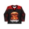 Nuclear mushroom explosion graphic on a black and red jersey, front view