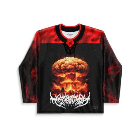 Nuclear mushroom explosion graphic on a black and red jersey, front view