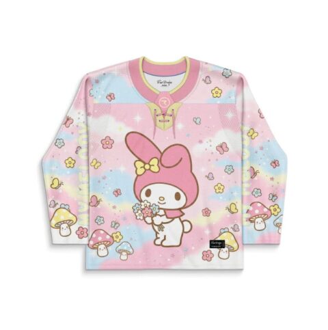 Pastel floral mushroom pattern front view with cartoon-style bunny-eared figure holding flowers