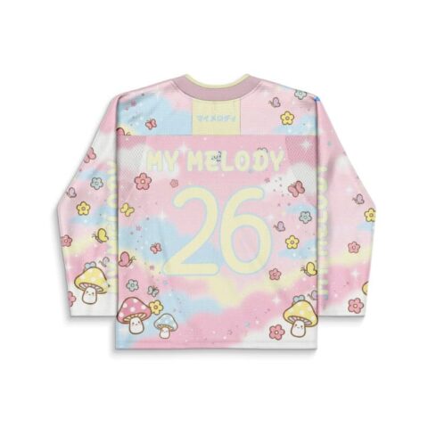 Pastel pink rainbow swirl back view with readable “MY MELODY” text and large number 26