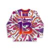 Kaleidoscopic floral swirl jersey featuring "SILLY GOOSE" and 13, back view