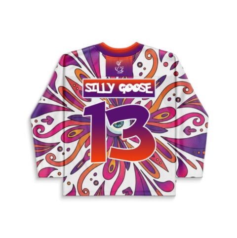 Kaleidoscopic floral swirl jersey featuring "SILLY GOOSE" and 13, back view